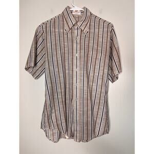 1970s Brown Blue Stripe Van Heusen Vanopress V Taper Disco Dagger Collar Shirt L